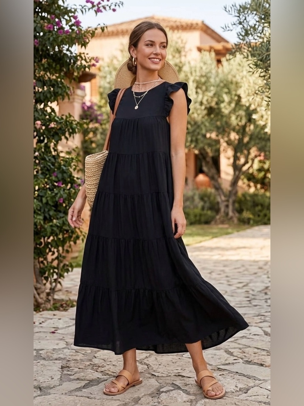 NWOT La'Ven Black Tiered Ruffle Flutter Sleeve Tie Back Maxi Dress Small